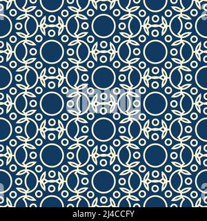 Abstract dichromatic seamless pattern formed by modern geometric ornate with rounds and leaves flat vector illustration Stock Vector