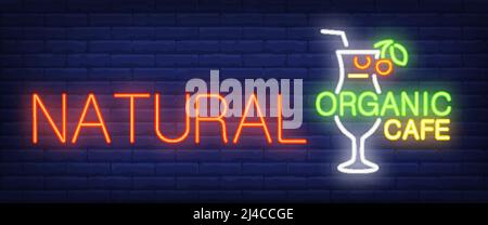 Natural organic cafe neon sign. Glass of cherry smoothie with straw on brick wall background. Vector illustration in neon style for cafe and restauran Stock Vector