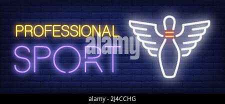 Professional sport neon text and bowling pin with wings. Bowling club and advertisement design. Night bright neon sign, colorful billboard, light bann Stock Vector