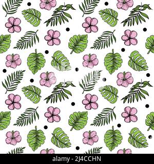 A seamless drawing of a tropical hibiscus flower. A hand-drawn sketch of a bright flower in doodle style. Tropics. Bright greens. Palm leaves and mons Stock Vector
