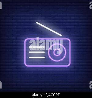 Radio set neon icon. Receiver with antenna on brick wall background. Broadcasting concept. Vector illustration can be used for neon signs, billboards, Stock Vector