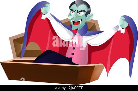 Dracula waking up in coffin. Halloween cartoon character flat vector illustration. Halloween party concept. Stock Vector
