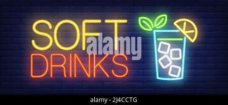 Soft drinks neon sign. Glass of lemonade with ice cube on brick wall background. Vector illustration in neon style for family cafe and restaurant Stock Vector