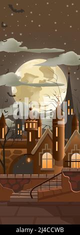 Full moon among dark clouds in city vector illustration. Old gothic houses with stairs and lights in windows. Night concept Stock Vector