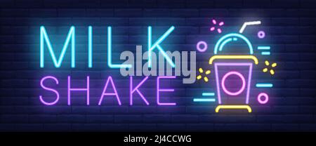 Milk shake neon sign. Colorful takeaway cup with cap and straw on brick wall background. Vector illustration in neon style for ice cream shop children Stock Vector