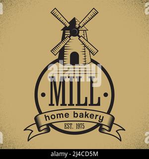 Bakery Stylish Poster with cartoon of mill on beige background vector illustration Stock Vector