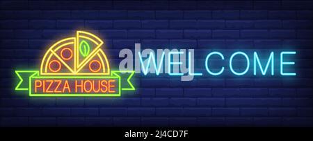 Welcome, pizza house neon sign. Half of pizza with ribbon on brick wall background. Vector illustration in neon style for original Italian restaurants Stock Vector