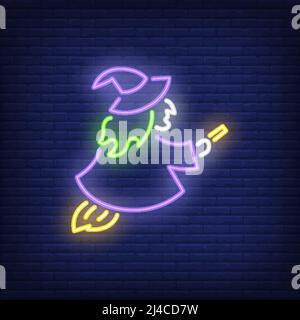 Witch neon sign. Luminous signboard with sorceress. Night bright advertisement. Vector illustration in neon style for Halloween, fantasy, witchcraft Stock Vector