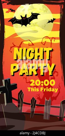 Night Party This Friday lettering. Bats flying over graveyard in moonlight. Holiday event invitation. Halloween concept. Vector illustration can be us Stock Vector