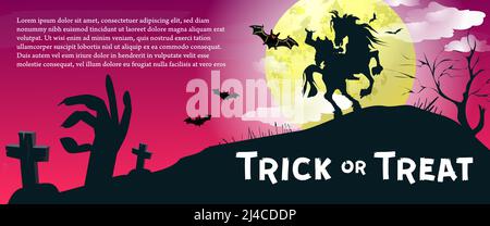 Trick or Treat lettering with headless horseman and moon. Invitation or advertising design. Typed text, calligraphy. For leaflets, brochures, invitati Stock Vector