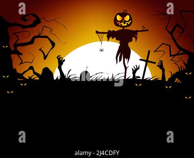 Dead men coming out of ground vector illustration. Cruel scarecrow with hanging spider against sunset. Graveyard concept Stock Vector