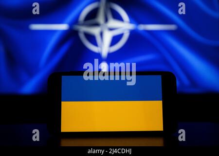 The North Atlantic Treaty Organization on screens. Ukraine flag on screen and NATO flag in background Stock Photo