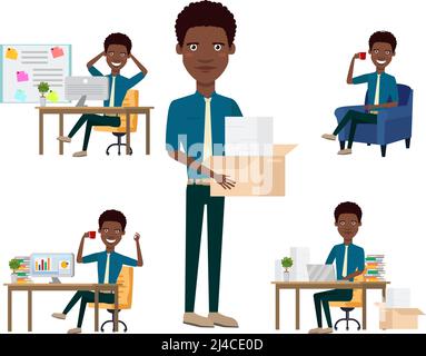 African office employee character set with different poses, emotions, gestures. Marketers desk, financial analyst, firing, coffee break. Can be used f Stock Vector