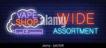 Wide assortment, vape shop neon sign. Electronic cigarette with cloud of smoke on brick wall background. Vector illustration in neon style for smoking Stock Vector
