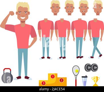 Athletic bodybuilder with dumbbell character set with different poses, emotions, gestures. Part of body, shaker mug, tennis racket, pedestal. Can be u Stock Vector