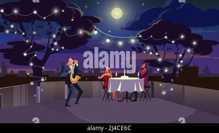 Couple at romantic dinner vector illustration. Lovers sitting at table and listening to saxophone player. Romantic date on roof concept Stock Vector