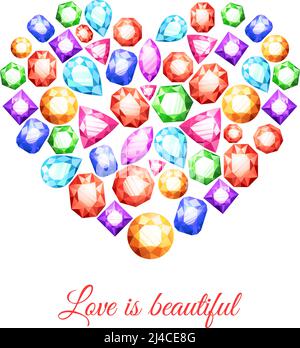 Colorful gemstones in heart shape with love is beautiful lettering vector illustration Stock Vector