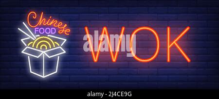 Wok, Chinese food neon sign. Box of takeaway noodles with chopsticks on brick wall background. Vector illustration in neon style for Asian restaurants Stock Vector