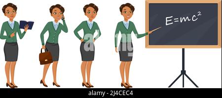 Female teacher character set with different poses, emotions, actions. Textbook, phone call, testing, teaching lesson. Can be used for school, educatio Stock Vector