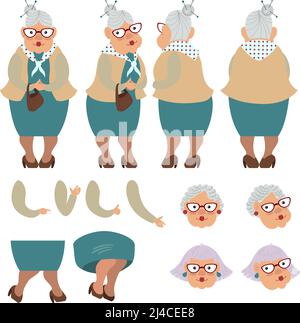 Flat icons set of old lady with bag. Views, poses and hairstyles collection. Senior woman concept. Vector illustration can be used for topics like hea Stock Vector