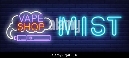 Vape shop mist neon sign. Electronic cigarette with cloud of smoke on brick wall background. Vector illustration in neon style for smoking stores Stock Vector