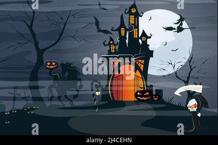 Haunted house, headless horseman, pumpkins at moon night vector illustration. Halloween night background. Holiday concept. For websites, wallpapers, b Stock Vector