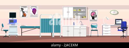 Hospital room with ultrasound scanner vector illustration. Pink wall in clinic with medical equipment. Medical examination concept Stock Vector