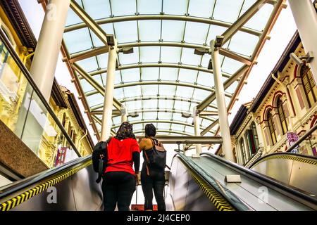 Chinatown MRT NE4 exit to Chinatown street market and shophouses. It is a popular spots to visit in Singapore. Stock Photo