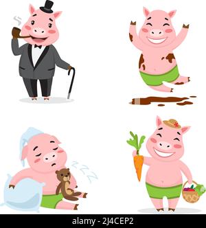 Cute pig enjoying different actions. Cartoon character set. Smoking pipe, rolling in mud, sleeping, harvesting Vector illustration can be used for kin Stock Vector