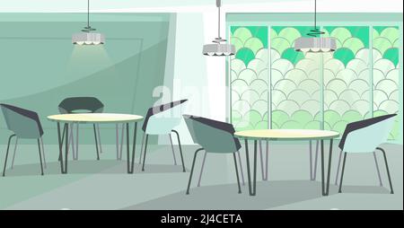 Cozy cafe with modern design vector illustration. Modern cafeteria with round tables, chairs and mosaic wall. Interior illustration Stock Vector
