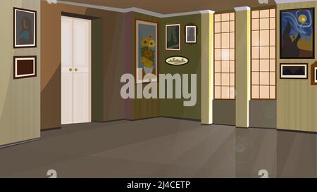 Art gallery with pictures on walls vector illustration. Empty home room with window and door. Museum concept Stock Vector