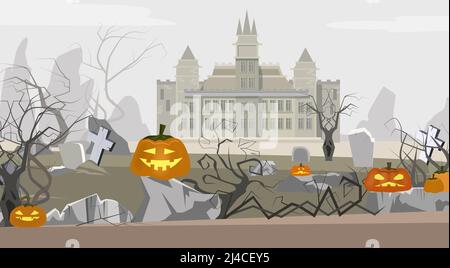 Landscape with castle, cemetery and pumpkins vector illustration. Mystery background. Halloween concept. For websites, wallpapers, banners or posters Stock Vector
