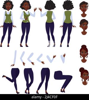 Flat icons set of black lady. Views, poses and hairstyles collection. Young African American woman concept. Vector illustration can be used for topics Stock Vector