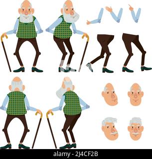 Flat icons set of old man with stick. Views, poses and hairstyles collection. Senior man concept. Vector illustration can be used for topics like heal Stock Vector