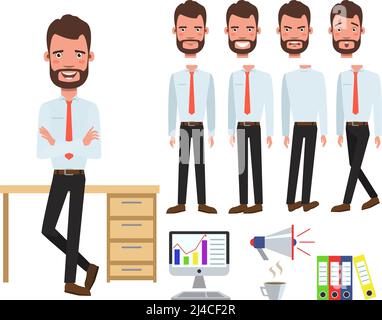 Male office manager at desk character set with different poses, emotions, gestures. Part of body, computer, megaphone, coffee. Can be used for topics Stock Vector