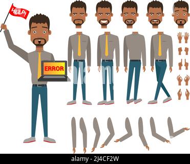 Flat icons set of business man holding laptop computer with error on screen. Views, poses and emotions collection. Manager concept. Vector illustratio Stock Vector
