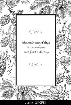 Black colored square frame with hop cartoons with berries, foliage and many decorative squiggles and inscription about main use of hopes hand drawn sk Stock Vector