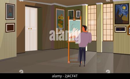Male athletic artist painting on canvas vector illustration. Creative man working on picture and holding color palette in workshop. Occupation concept Stock Vector