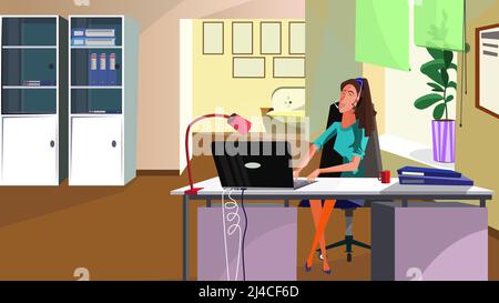 Helpdesk operator answering call vector illustration. Positive female manager in headset talking to customer in office. Office administrator concept Stock Vector