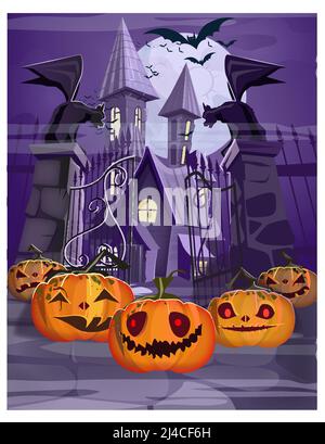 Haunted house with gate and pumpkins vector illustration. Purple Halloween night background. Holiday concept. For websites, wallpapers, banners or pos Stock Vector