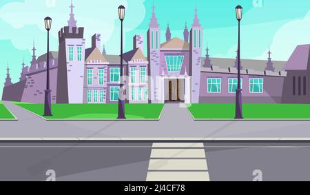 Gothic mansion on city street vector illustration. Old gray stone building with tall towers near road. Castle illustration Stock Vector
