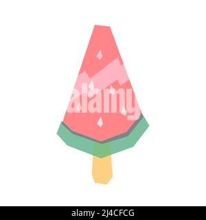 Frozen watermelon ice cream pink on a stick. Multi-layered overprint artwork of fresh ice dessert, of green and red color. Stock Vector