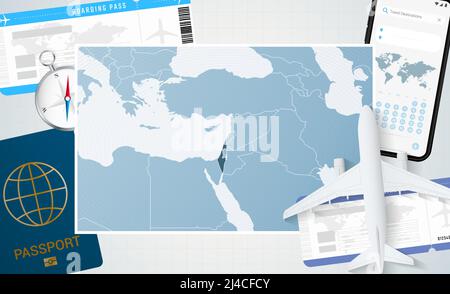 Journey to Israel, illustration with a map of Israel. Background with airplane, cell phone, passport, compass and tickets. Vector mockup.
