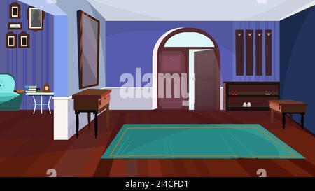 Dark corridor with open door and carpet vector illustration. Purple wall in spacious room with clothes hanger hooks, mirror and carpet. Interior conce Stock Vector
