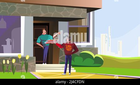 Happy man receiving pizza from delivery guy vector illustration. Young man ordering food and giving money on porch. Food delivery concept Stock Vector