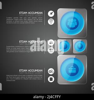 Web infographic concept with blue circles in gray glass square frames and business icons vector illustration Stock Vector