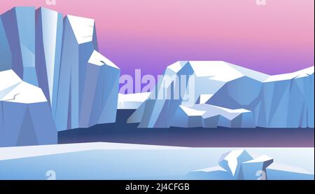 Ice mountain in water vector illustration. Northern lights behind icebergs. North pole illustration Stock Vector