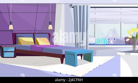 Hotel room with bed in purple color vector illustration. Bedroom with hanging lamps and cushions on window-sill. Interior illustration Stock Vector