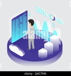 Isometric bitcoin mining. Binary code on device screen, miner, graphs, analytics. Cryptocurrency concept. Infographic isometric vector illustration Stock Vector