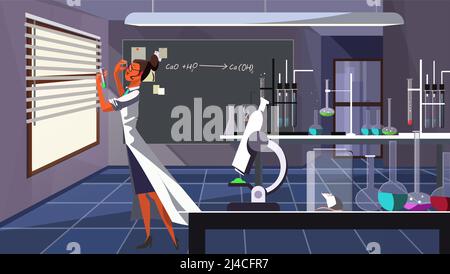 Female chemist checking liquid in test tube vector illustration. Busy lady in lab coat working in scientific laboratory. Experiment concept Stock Vector